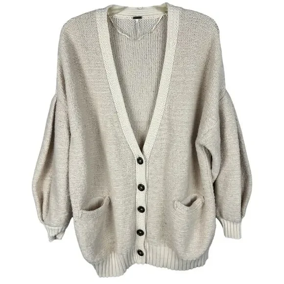 Free People Oversized Cream Chunky Button Front Cardigan Peasant Sleeve L - Picture 3 of 9